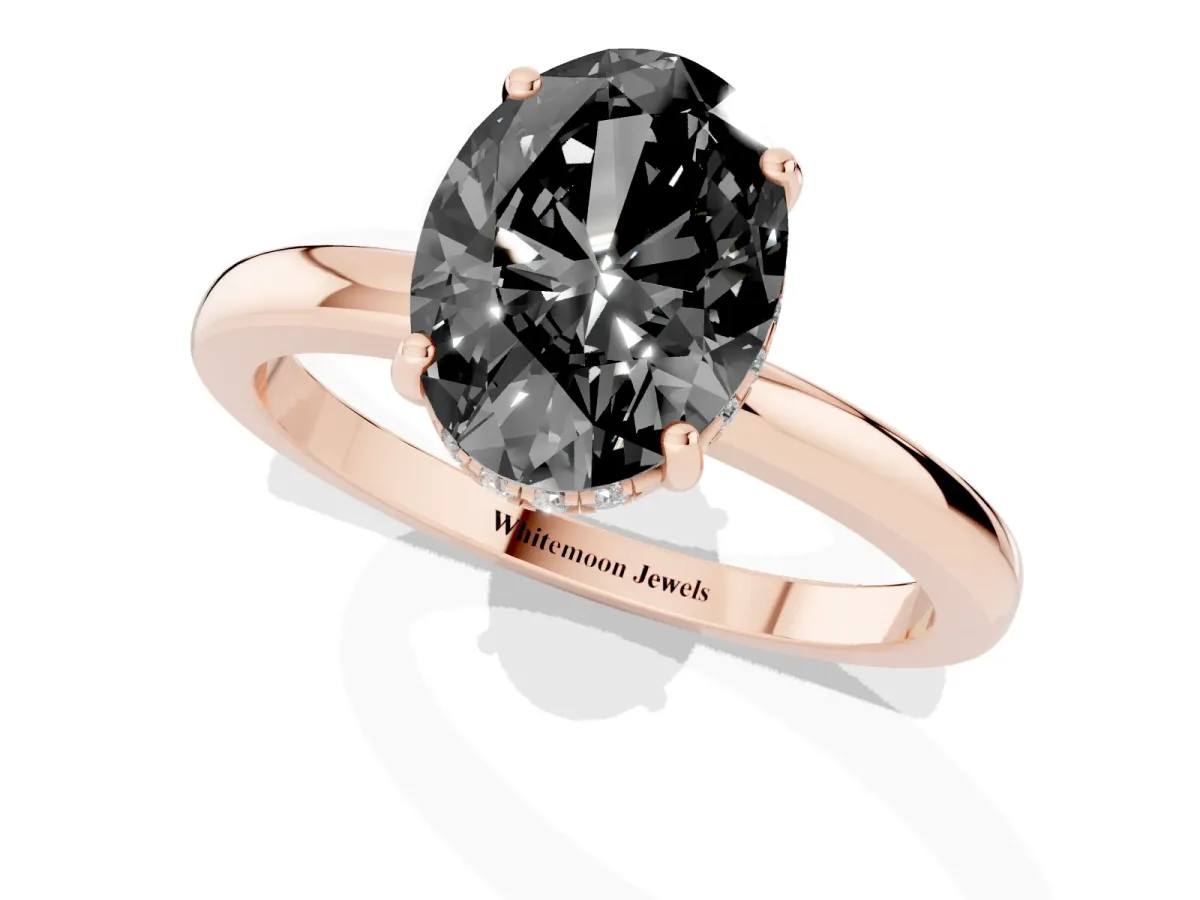 Fancy Black Oval Cut Solitaire Diamond Ring with Prong Setting and Plain Band Rose gold
