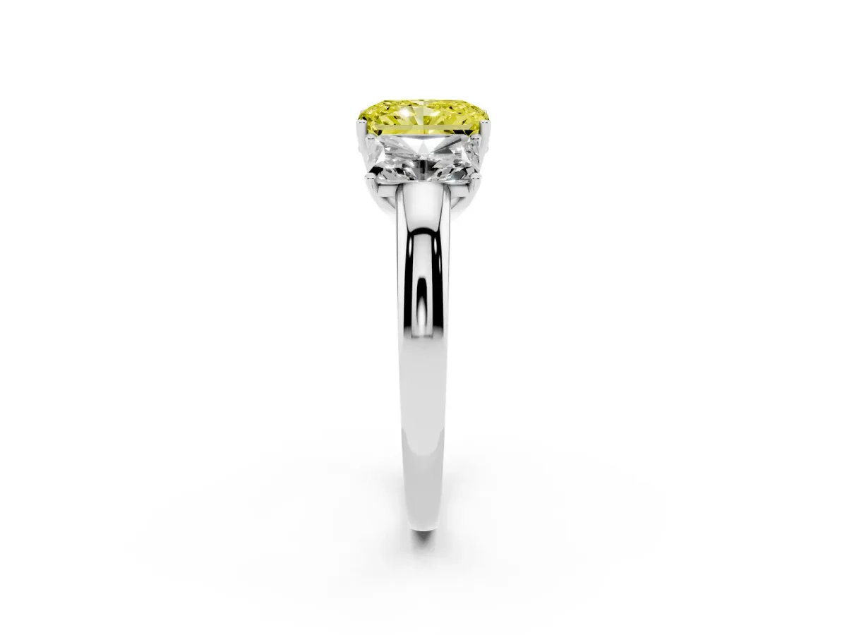 Fancy Yellow Radiant Cut Diamond Three-Stone Ring with Four-Prong Setting and Classic Band Silver