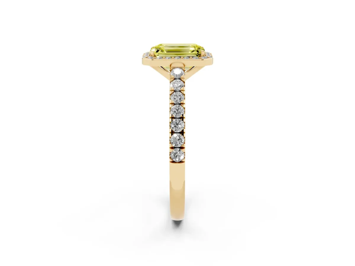 Fancy Yellow Emerald Cut Cut Halo Diamond Engagement Ring with Pave Band and Four-Prong Setting Yellow gold
