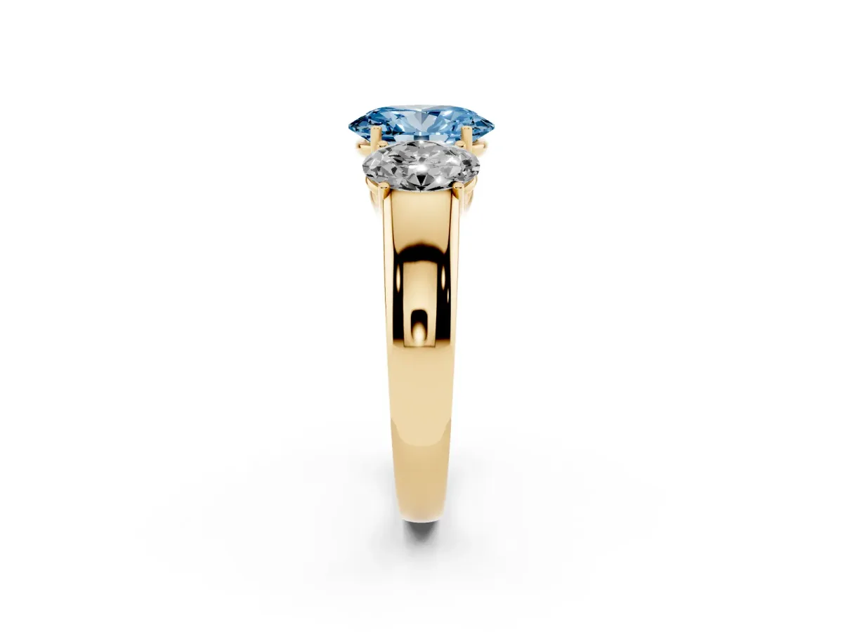 Fancy Blue Three-Stone Oval Cut Cut Diamond Ring with Prong Setting and Classic Band Yellow gold