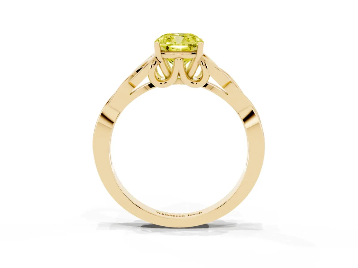 Fancy Yellow Cushion Cut Diamond Solitaire Engagement Ring with Celtic Knot Band and Four-Prong Setting Yellow gold