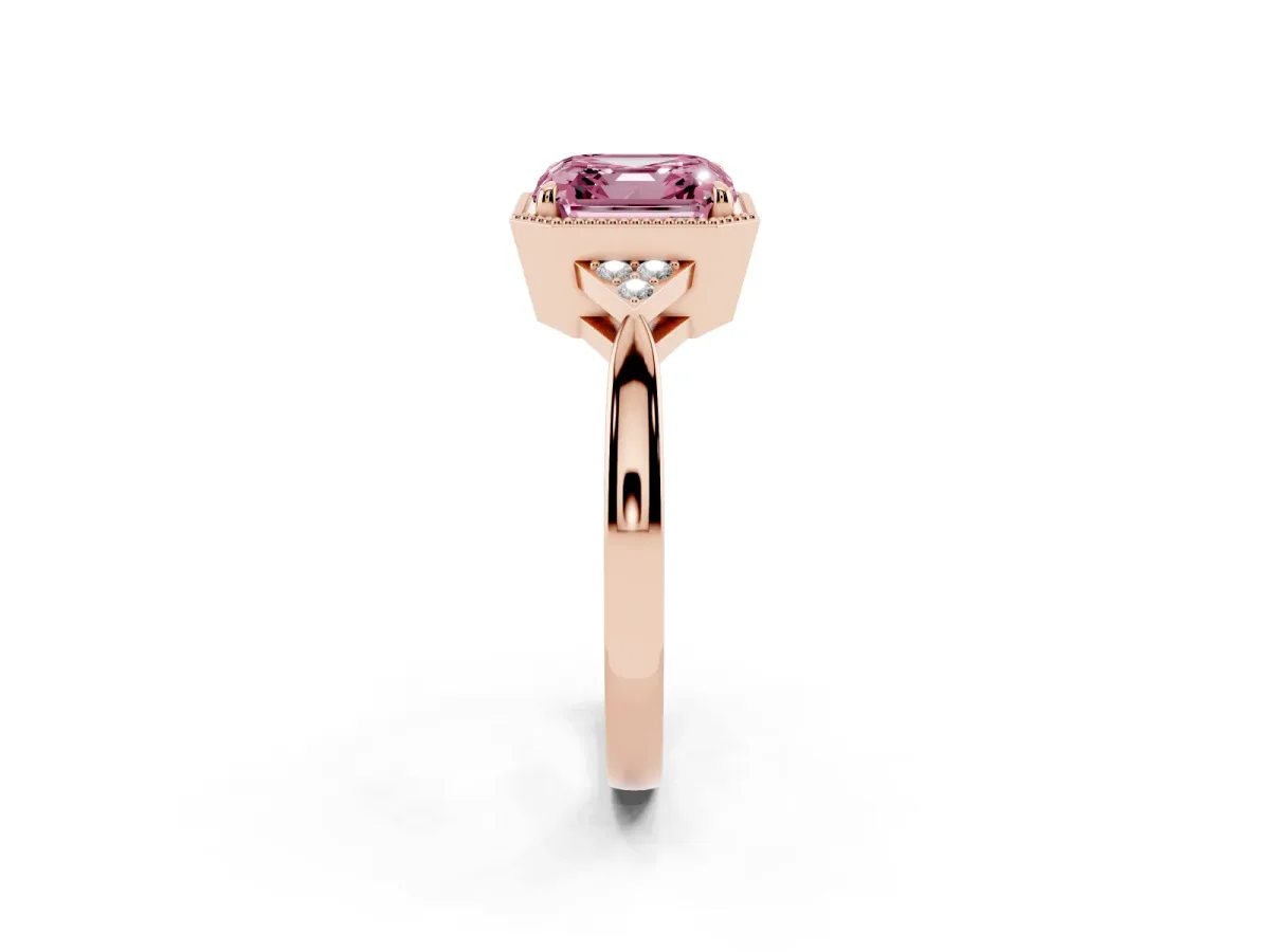 Fancy Pink Milgrain Asscher Cut Cut Diamond Ring with Tapered Pave Band and Four Prong Setting Rose gold