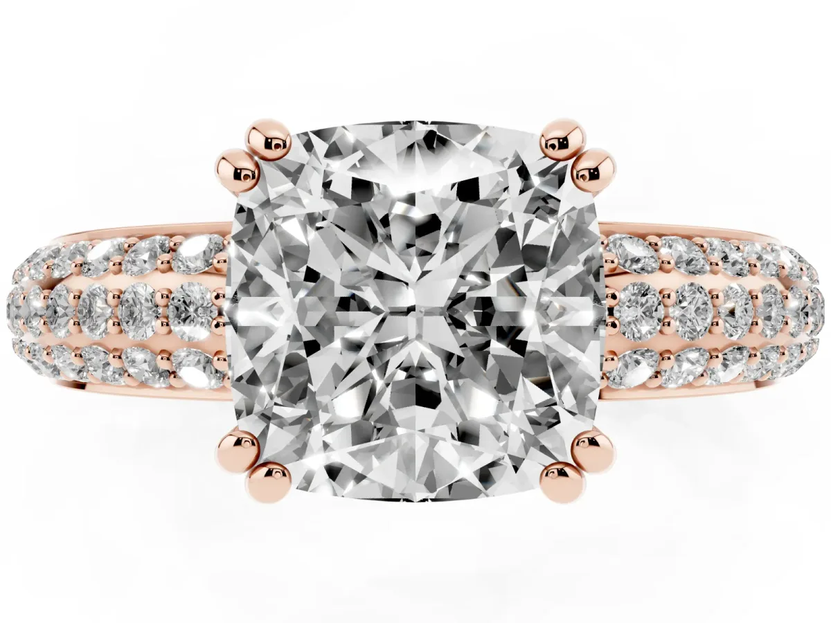 Cushion Cut Diamond Solitaire Ring with Multi-Row Round Pavé Band and Prong Setting Rose gold