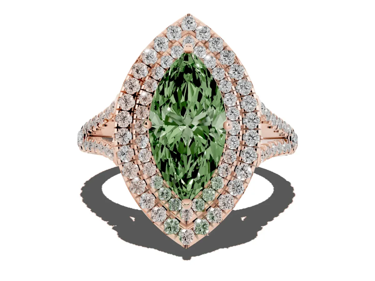 Fancy Green Marquise Cut Diamond Double Halo Ring with Pavé Band and Prong Setting Rose gold