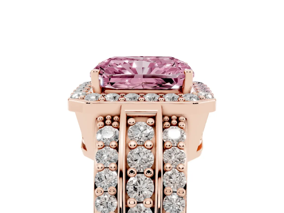 Fancy Pink Radiant Cut Halo Diamond Ring with Round Split Shank and Prong Setting Rose gold