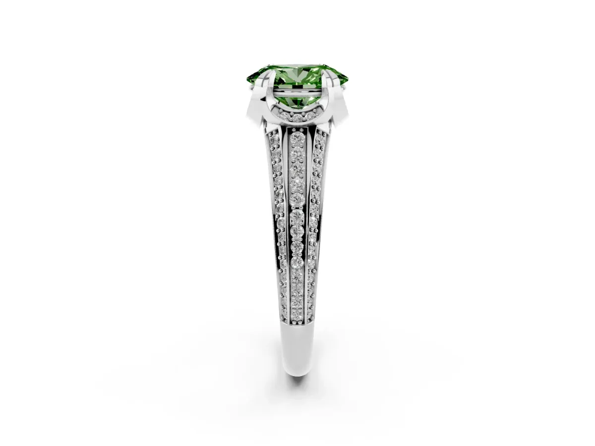Fancy Green Oval Cut Solitaire Pave Split Shank Ring with Four-Prong Setting Platinum