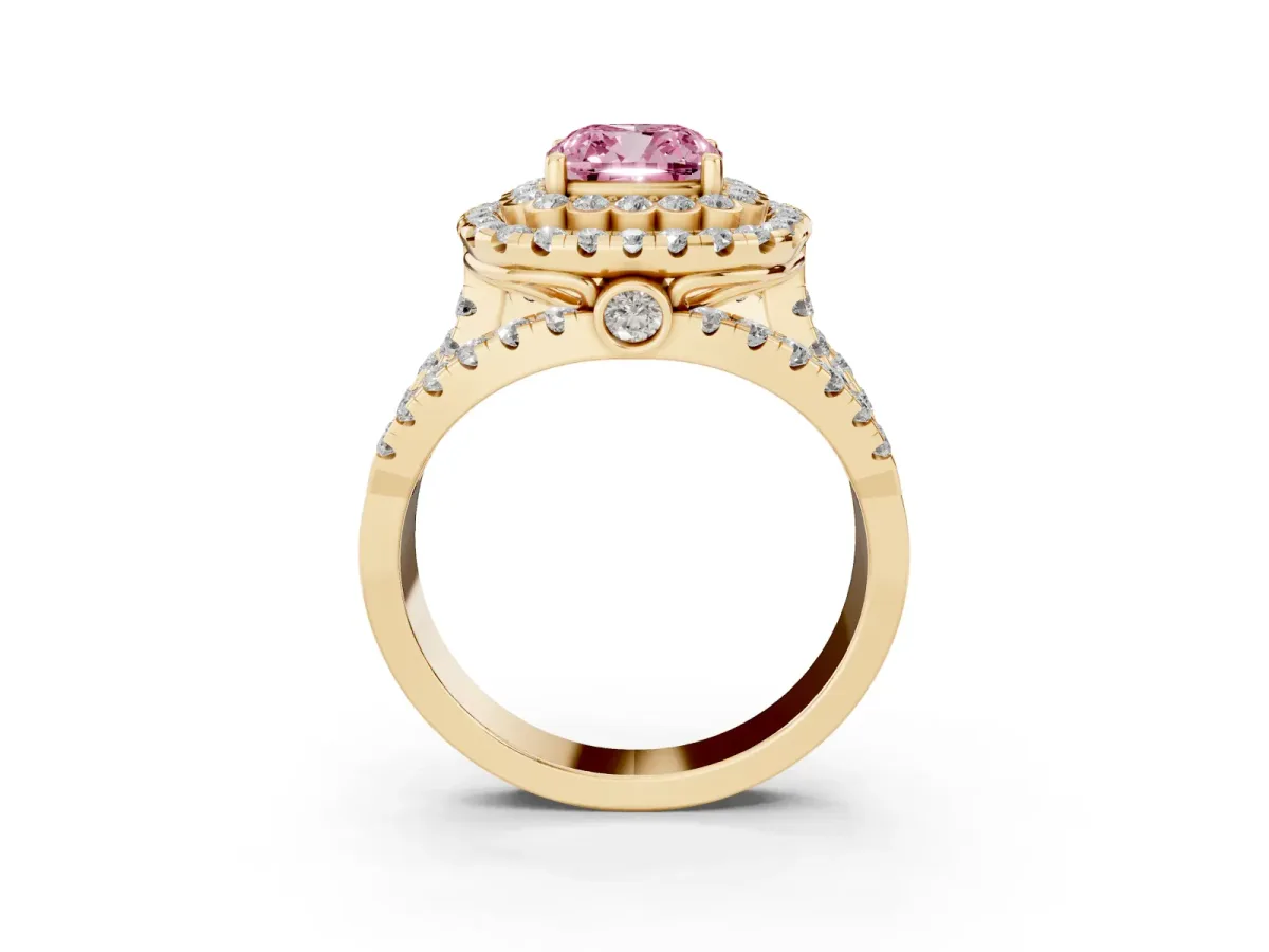 Fancy Pink Cushion Cut Diamond Double Halo Ring with Round Pavé Split Shank and Prong Setting Yellow gold