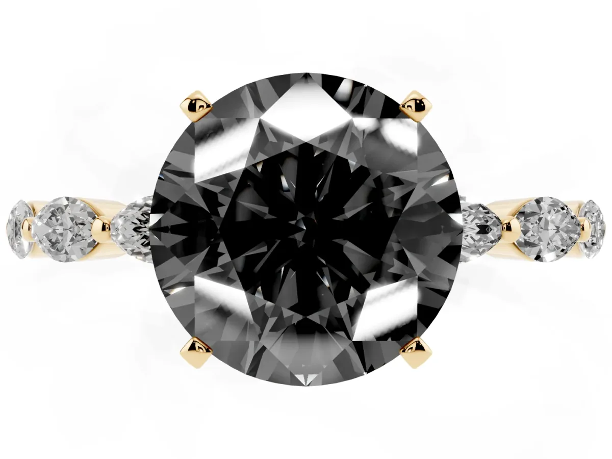 Fancy Black Round Cut Diamond Ring with Marquise Side Stones and Prong Setting Yellow gold
