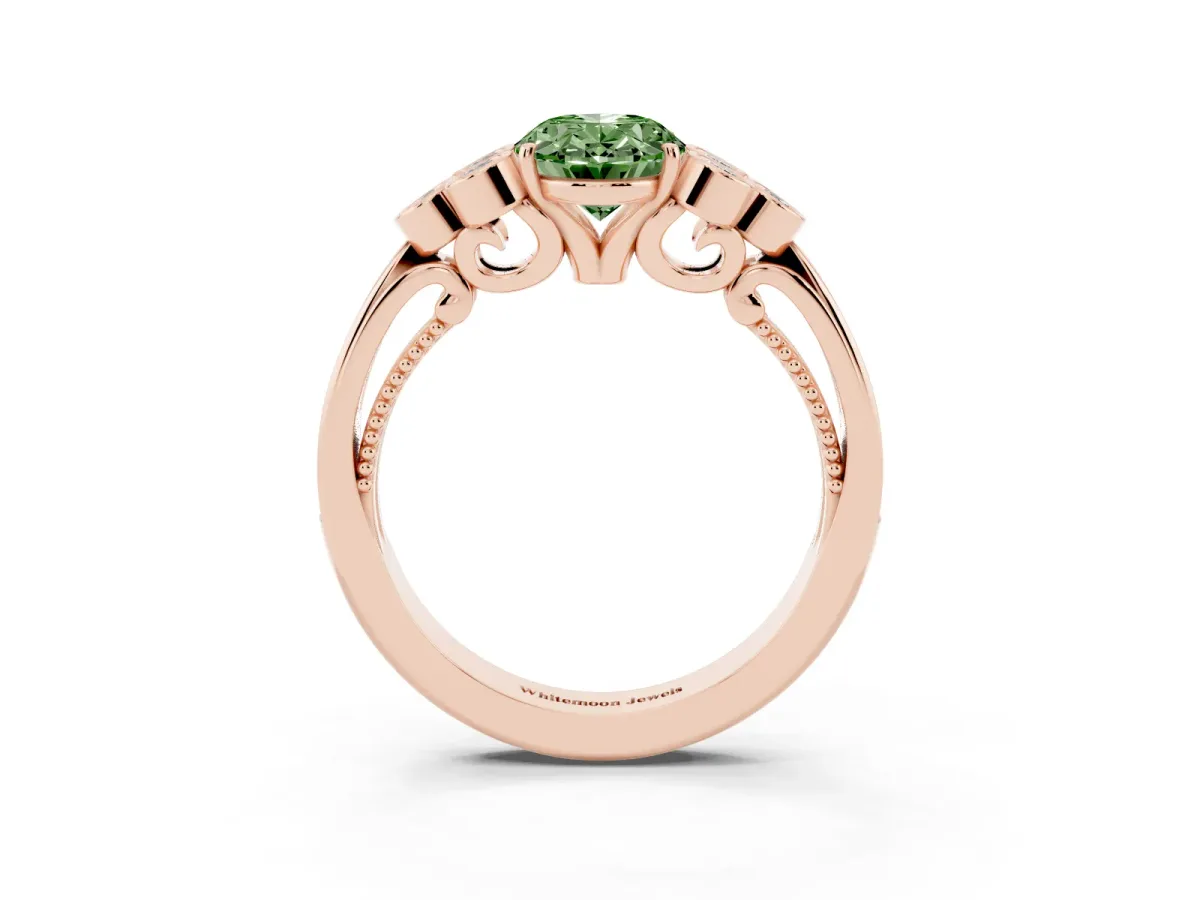 Fancy Green Oval Cut Cut Diamond Engagement Ring with Bezel Set Round Side Stones and Prong Setting Rose gold