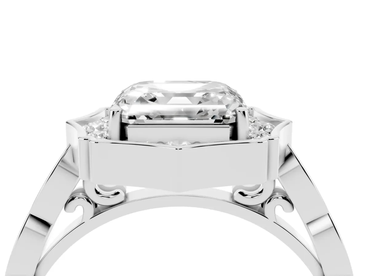 Asscher Cut Halo Diamond Engagement Ring with Milgrain Band and Four-Prong Setting Silver