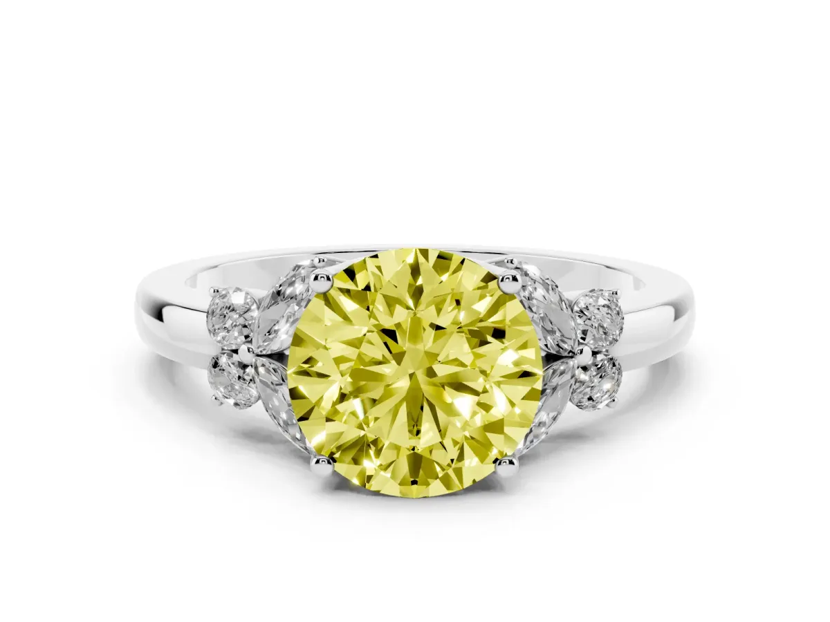 Fancy Yellow Round Cut Cut Solitaire Floral Diamond Ring with Four-Prong Setting Silver
