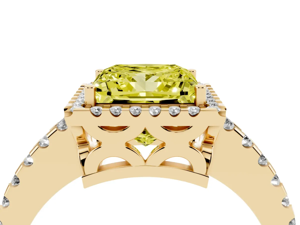 Fancy Yellow Princess Cut Diamond Halo Engagement Ring with Pavé Band and Prong Setting Yellow gold