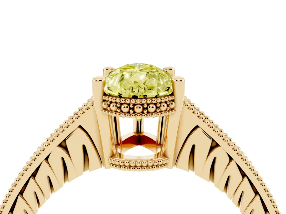 Fancy Yellow Pear Cut Solitaire Pavé Diamond Milgrain Engagement Ring with Four-Prong Setting Yellow gold