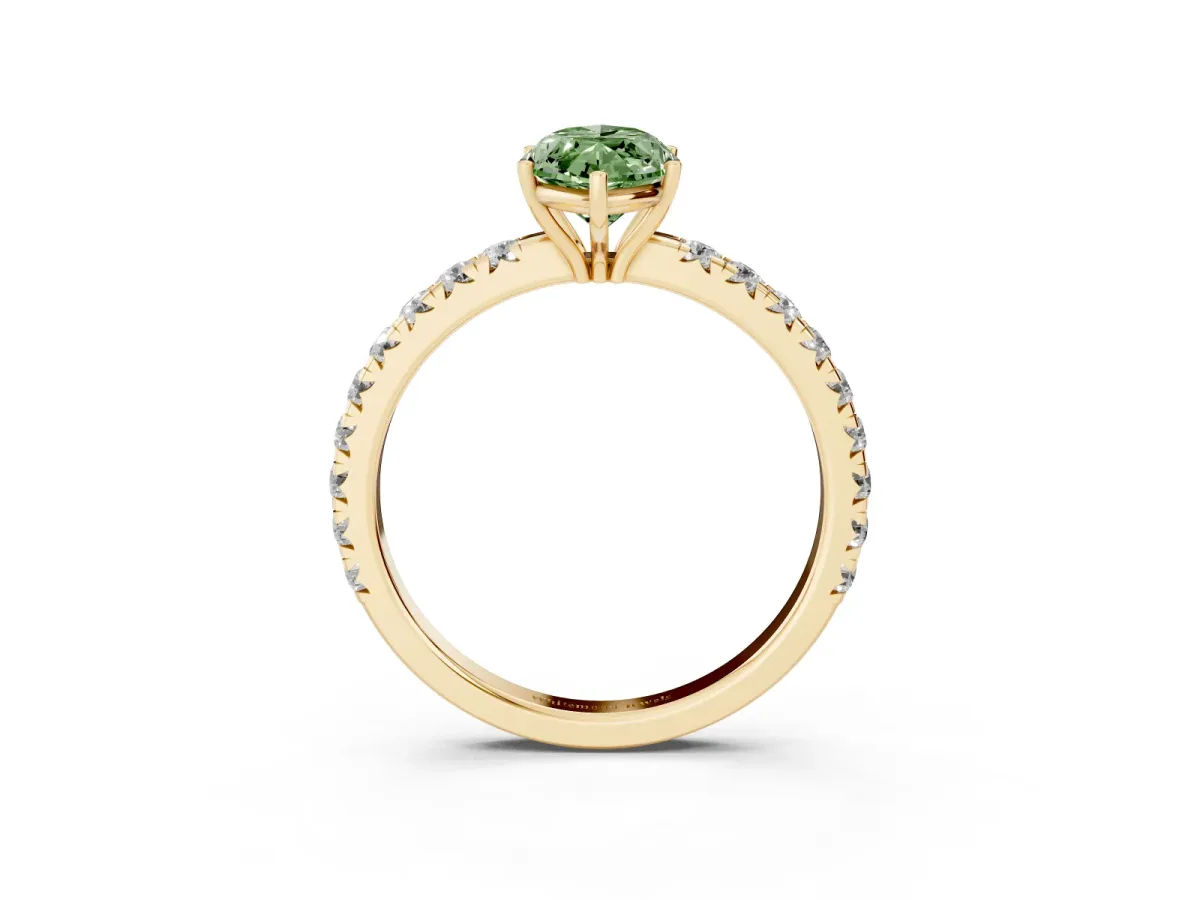 Fancy Green Marquise Cut Diamond Pavé Solitaire Engagement Ring with Four-Prong Setting Yellow gold