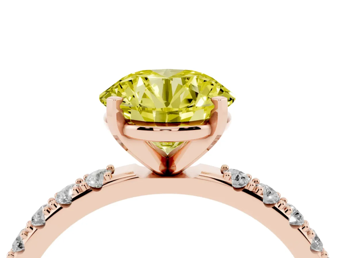 Fancy Yellow Round Cut Diamond Solitaire Pavé Band with Four-Prong Setting Rose gold