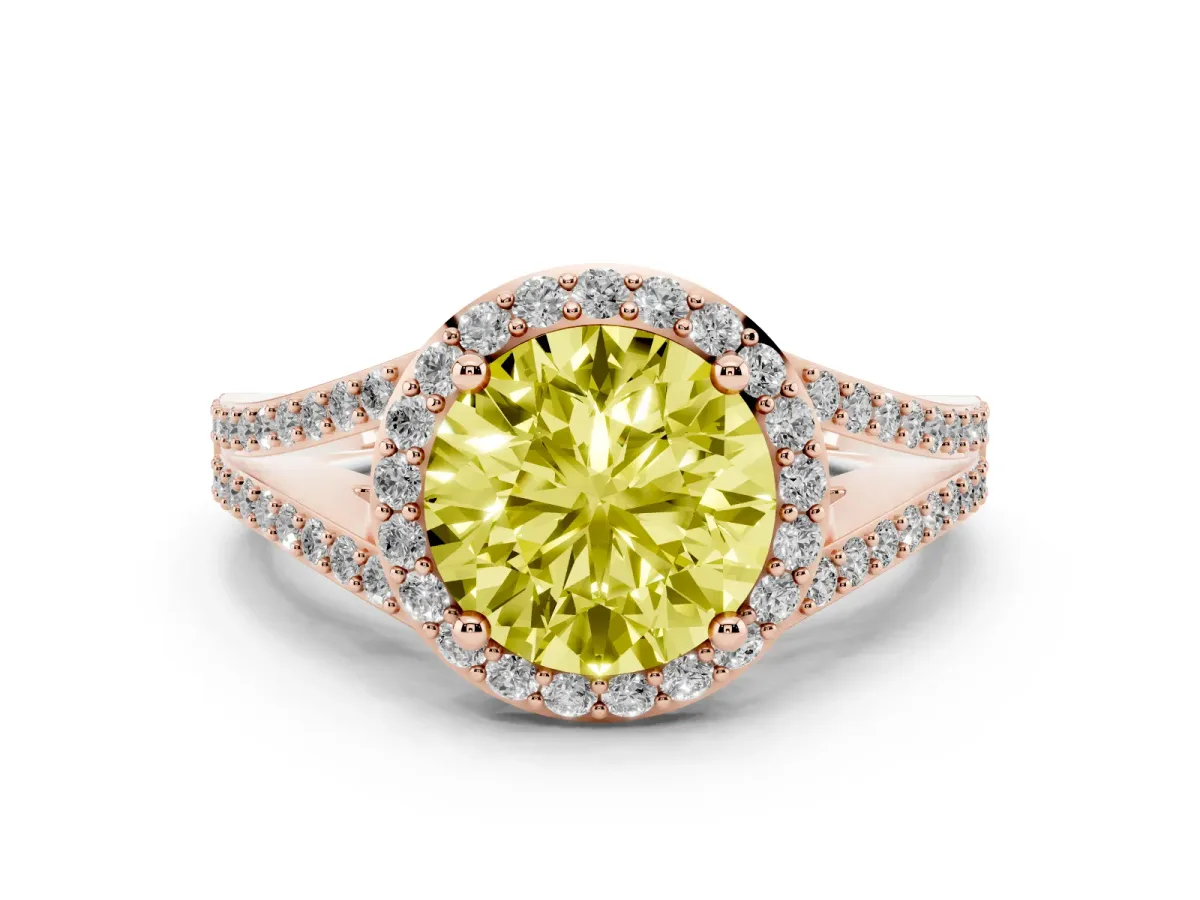 Fancy Yellow Round Cut Halo Split Shank Diamond Ring with Prong Setting Rose gold