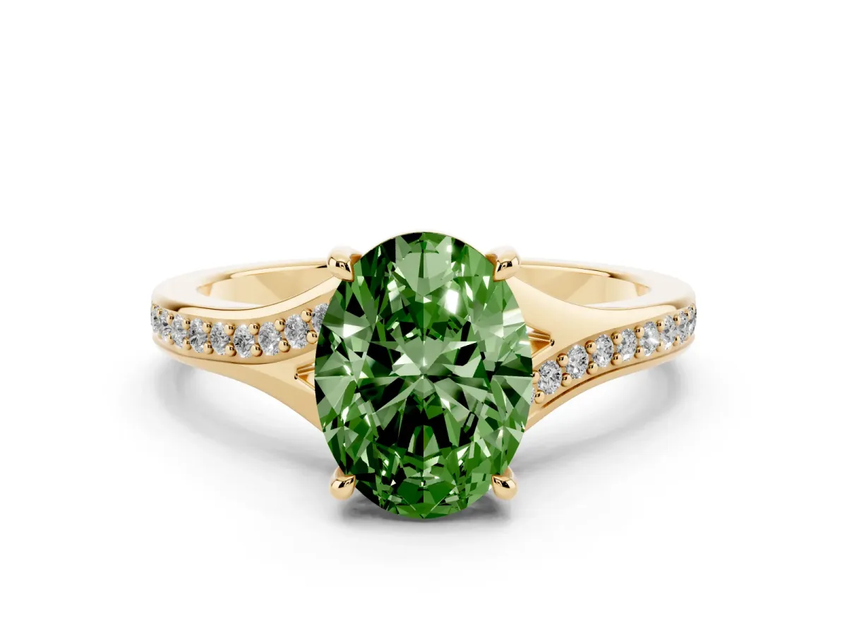 Fancy Green Oval Cut Diamond Solitaire Ring with Pavé Band and Prong Setting Yellow gold
