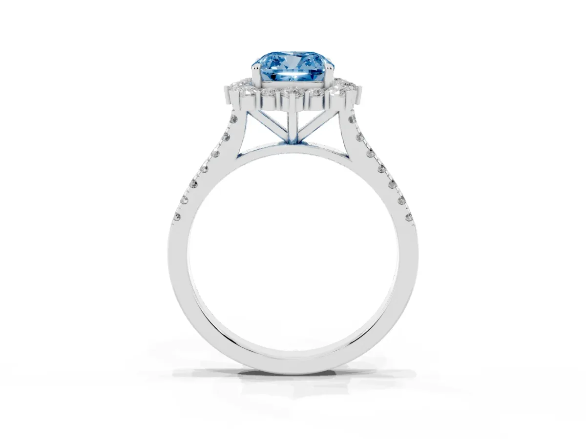 Fancy Blue Cushion Cut Halo Diamond Ring with Pavé Band and Prong Setting White gold