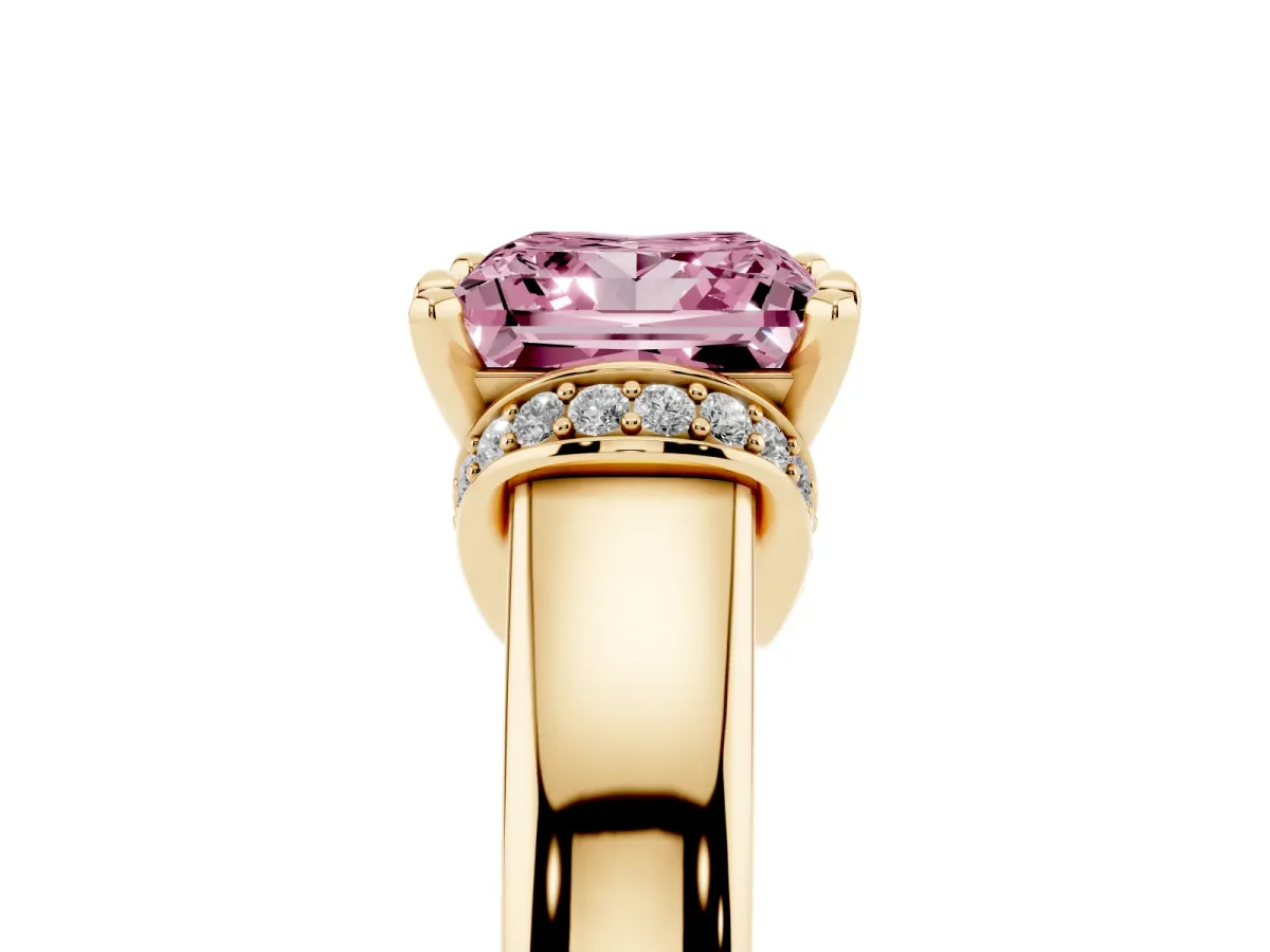 Fancy Pink Princess Cut Solitaire Diamond Ring with Pave Band and Six-Prong Setting Yellow gold