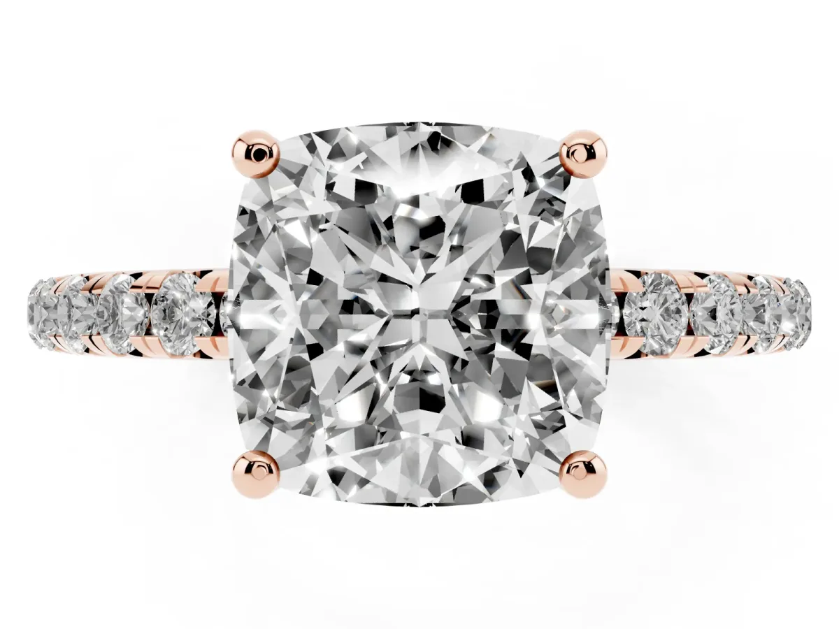 Cushion Cut Cut Diamond Solitaire Ring with Micro Pave Band and Four Prong Setting Rose gold