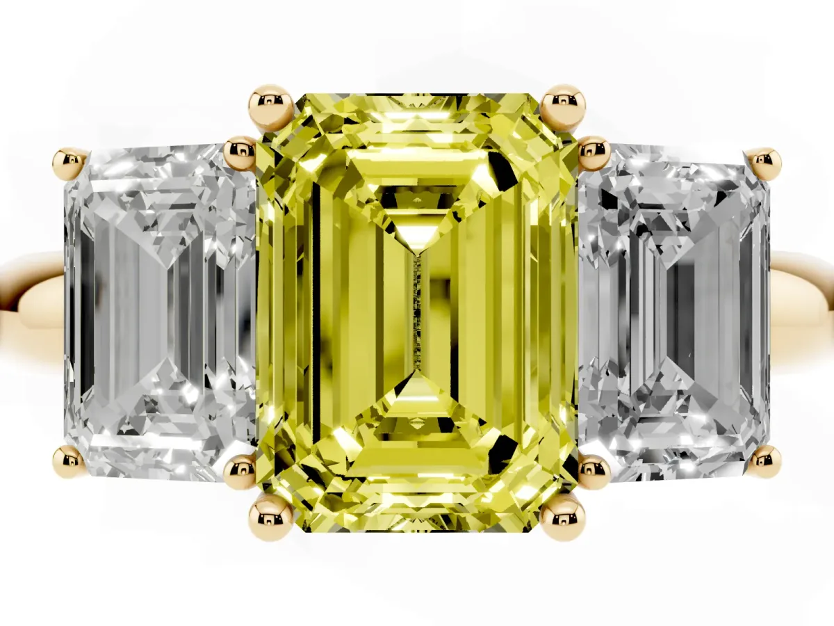 Fancy Yellow Three-Stone Emerald Cut Cut Diamond Engagement Ring with Prong Setting on a White Gold Band Yellow gold