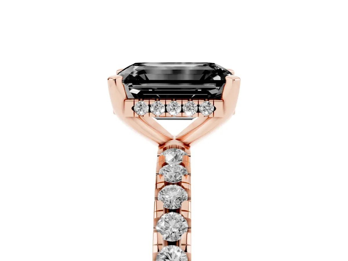 Fancy Black Emerald Cut Diamond Solitaire Ring with Round Pavé Band and Four-Prong Setting Rose gold