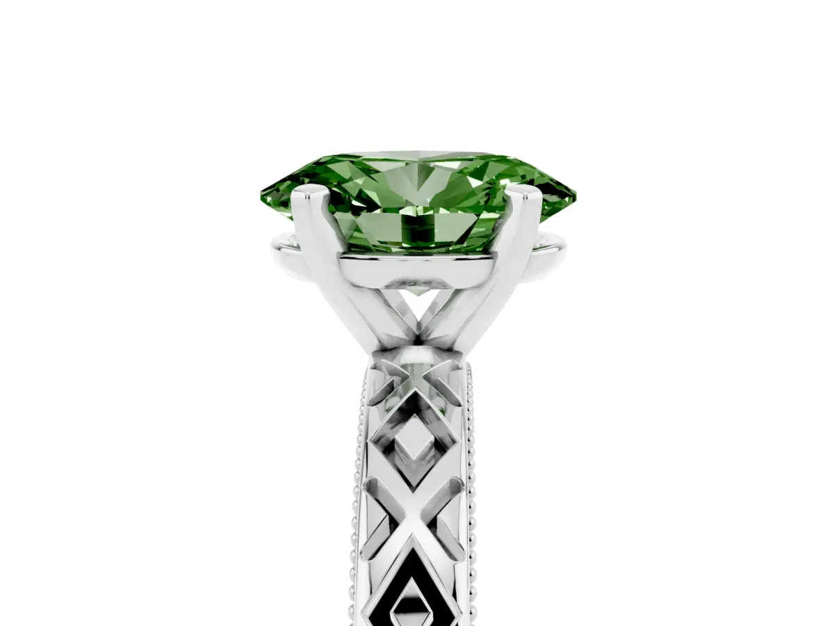 Fancy Green Oval Cut Solitaire Diamond Ring with Milgrain and Black Enamel X Pattern Band Silver