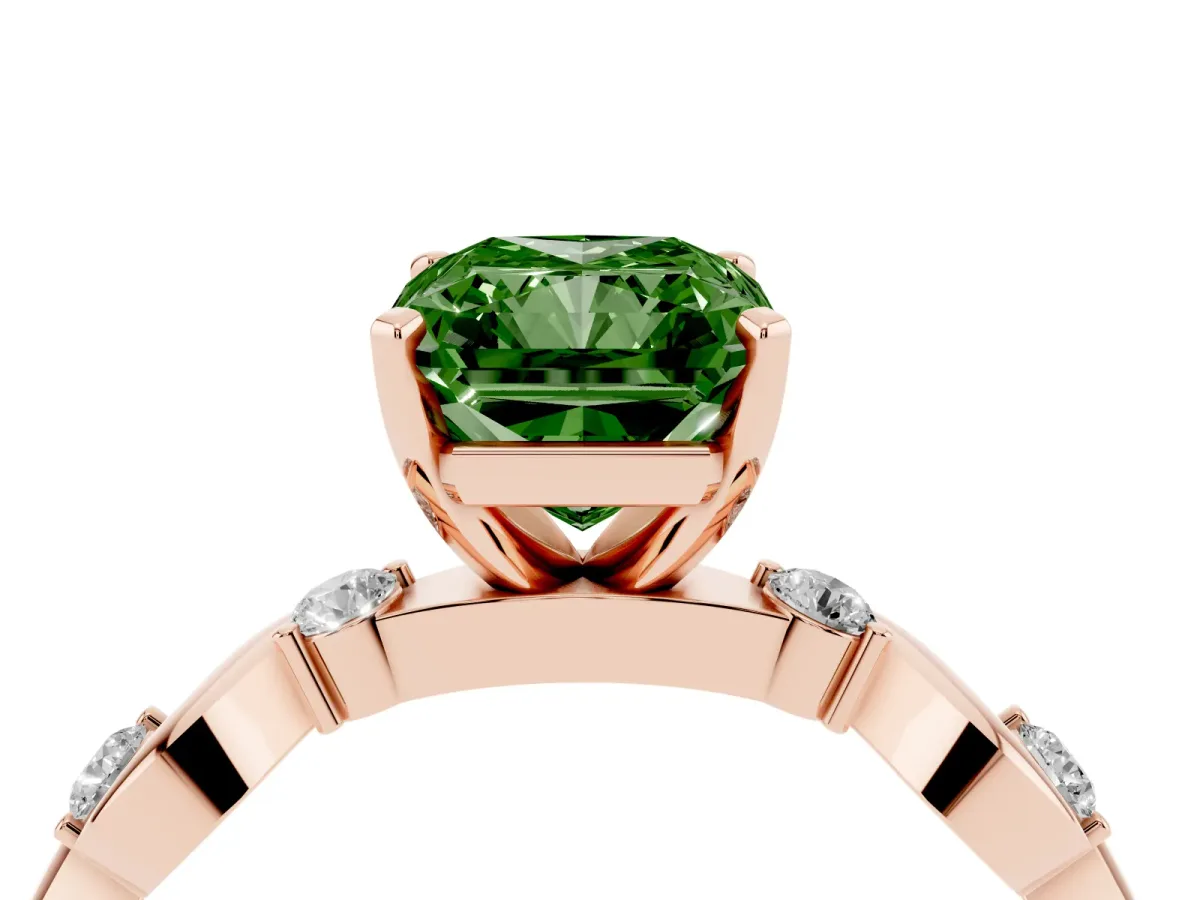 Fancy Green Radiant Cut Diamond Solitaire Twisted Band with Round Accents and Prong Setting Rose gold