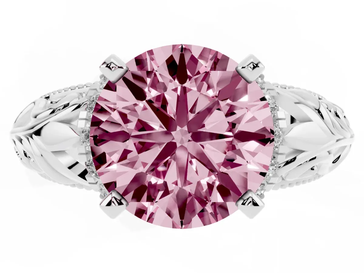 Fancy Pink Round Cut Solitaire Filigree Engagement Ring with Halo and Prong Setting Platinum