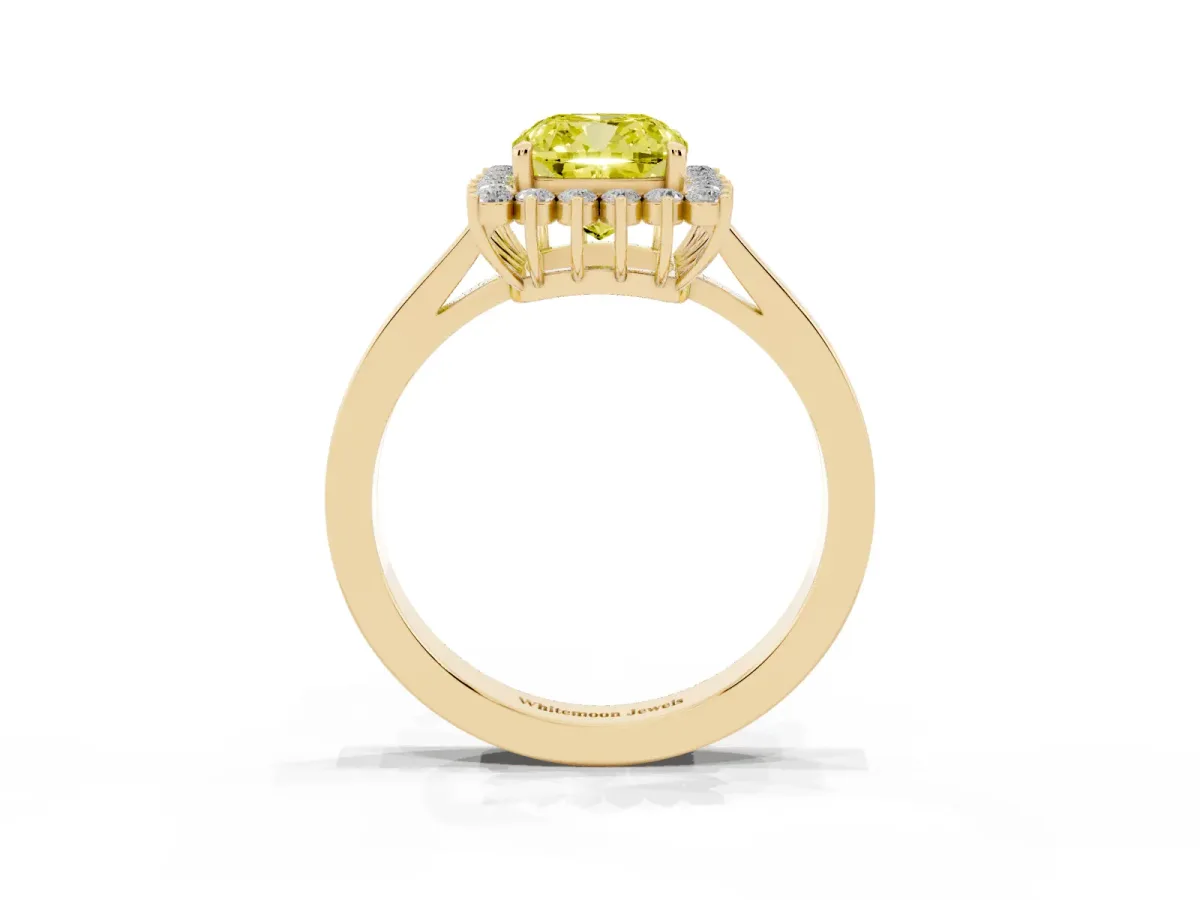 Fancy Yellow Cushion Cut Cut Diamond Halo Ring with Round Brilliant Halo and Solitaire Band Yellow gold