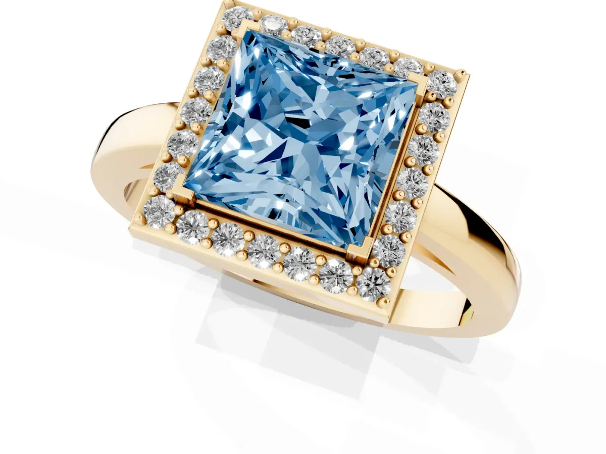 Fancy Blue Princess Cut Halo Diamond Ring with Solitaire Band and Prong Setting Yellow gold