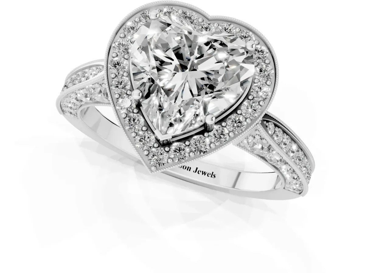 Heart Cut Halo Diamond Engagement Ring with Split Shank Band and Four-Prong Setting Silver