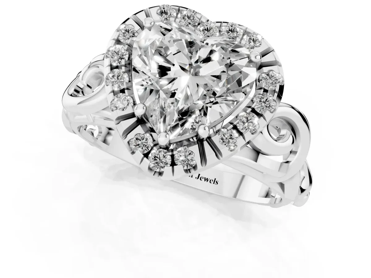 Heart Cut Cut Halo Diamond Ring with Scrollwork Band and Four-Prong Setting Platinum