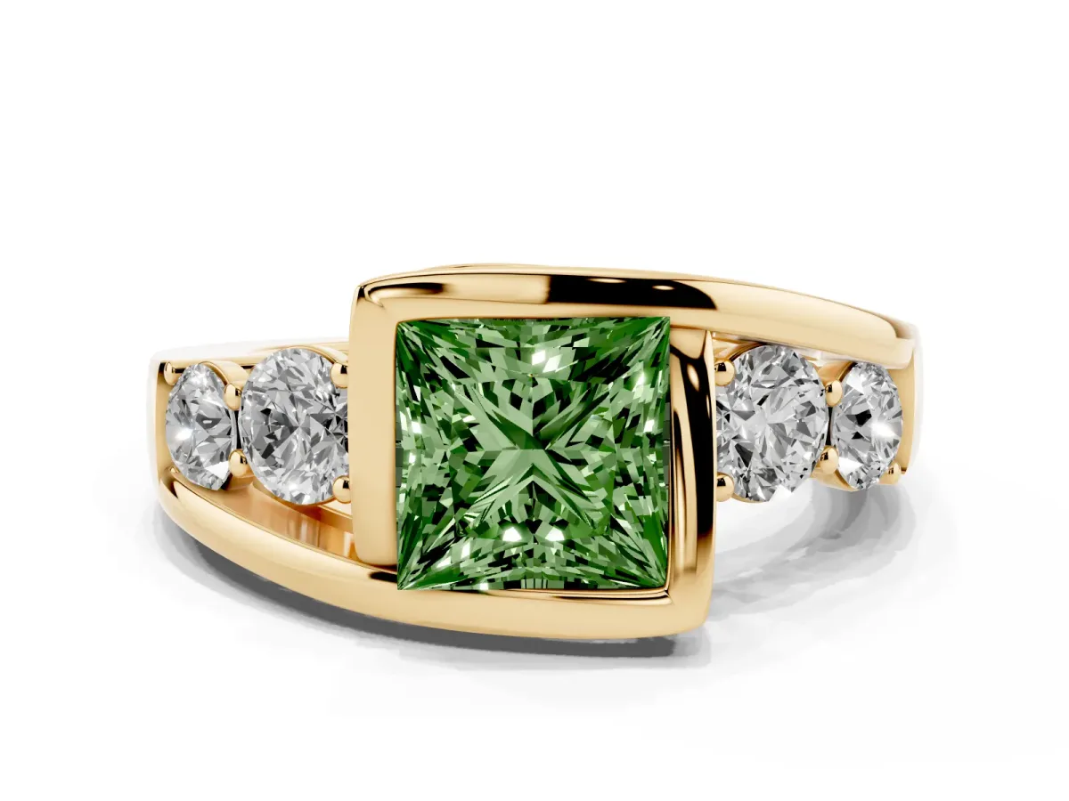 Fancy Green Bezel Set Princess Cut Diamond Bypass Ring with Round Accents Yellow gold