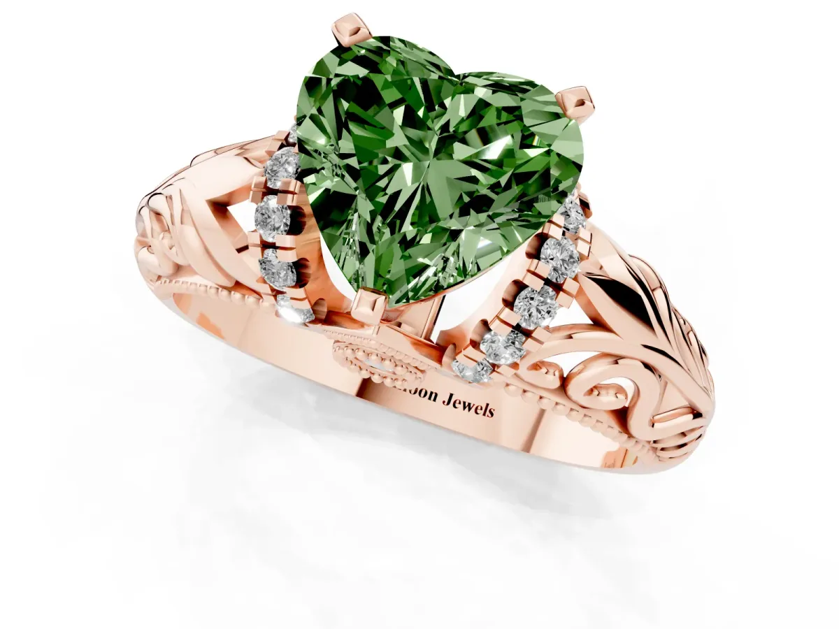 Fancy Green Heart Cut Solitaire Filigree Engagement Ring with Halo and Prong Setting Rose gold