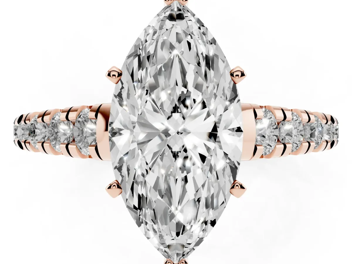 Marquise Cut Diamond Cathedral Solitaire Ring with Round Pavé Band Rose gold