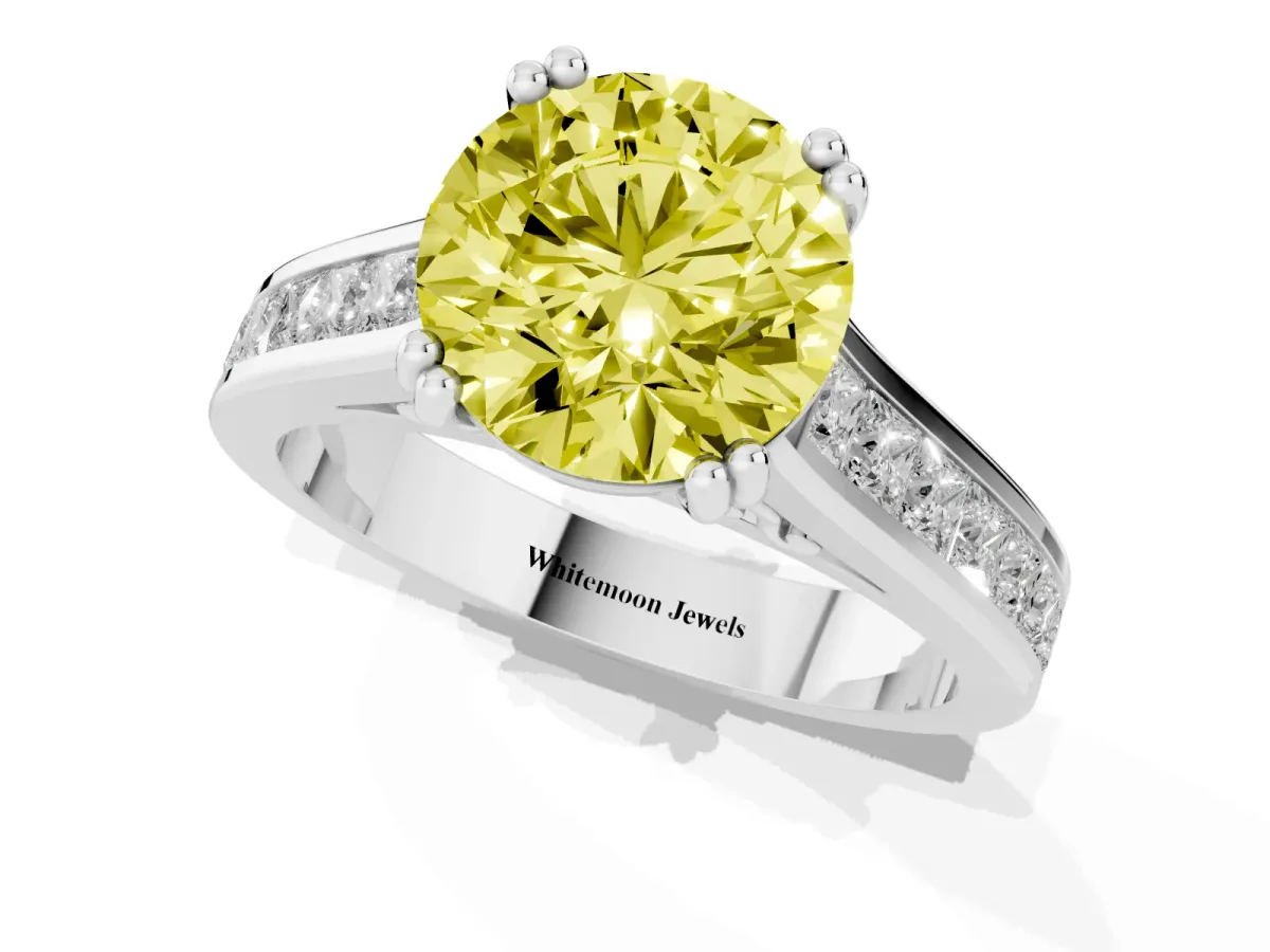 Fancy Yellow Round Cut Cut Channel Set Solitaire Engagement Ring with Prong Setting Platinum