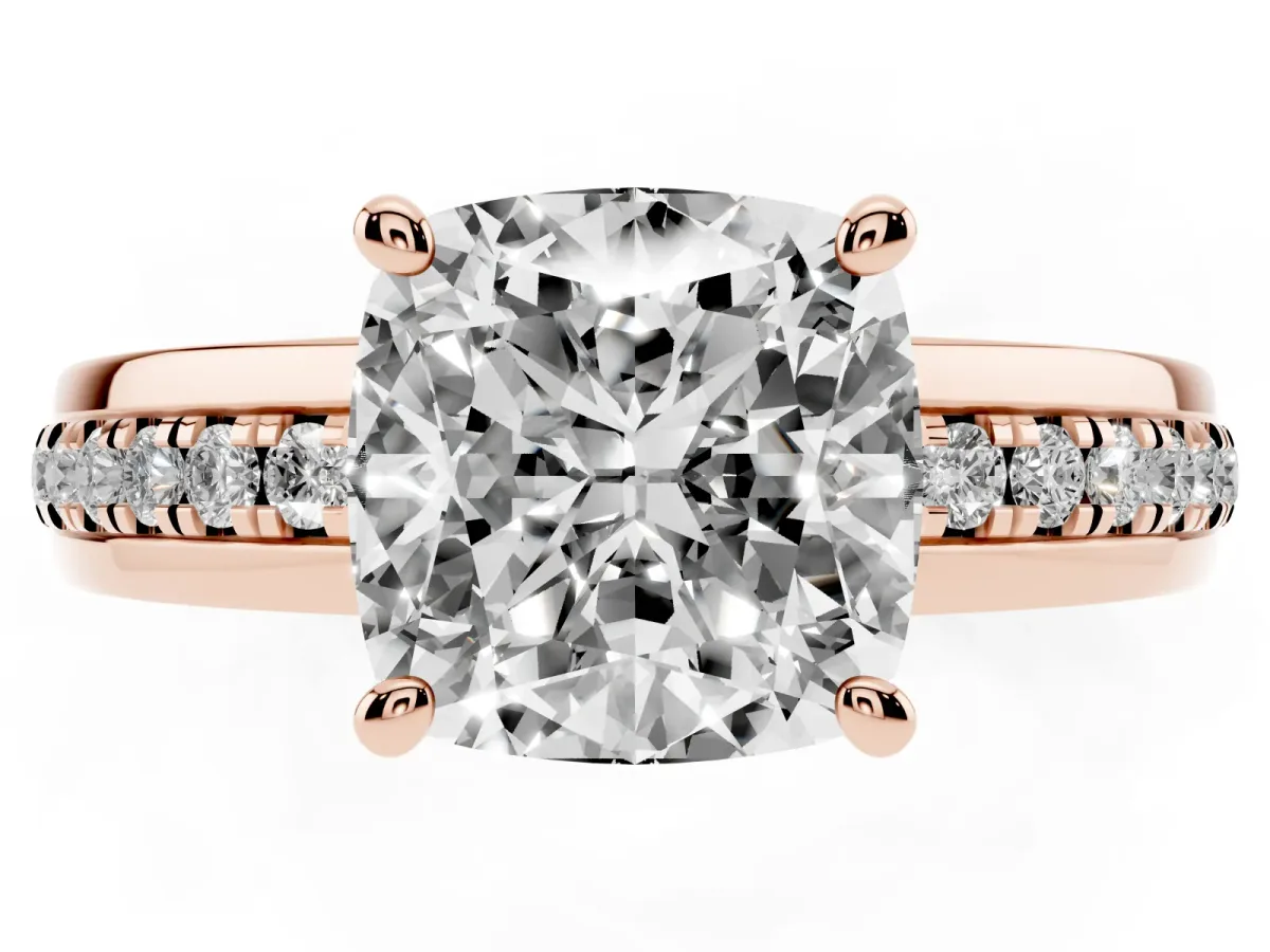Cushion Cut Solitaire Diamond Ring with Channel Set Band and Six-Prong Setting Rose gold