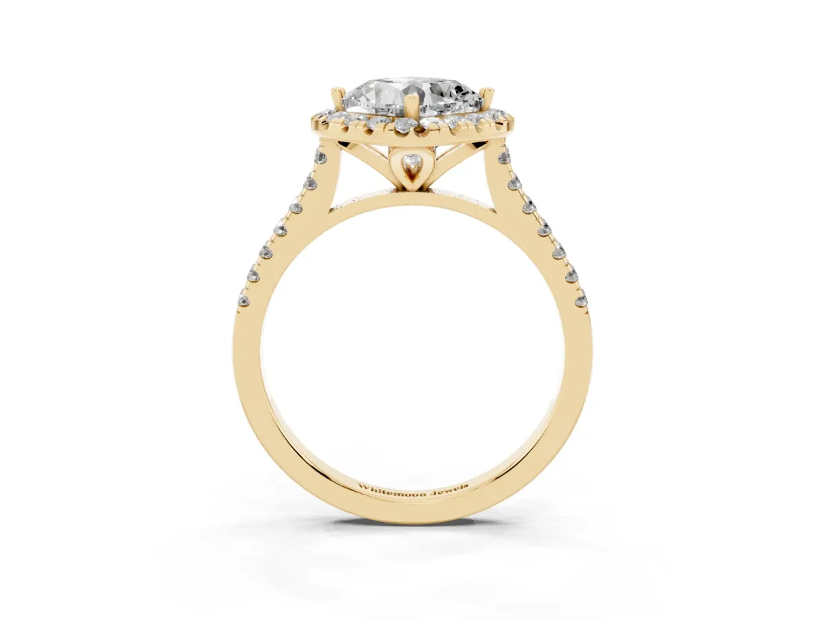 Cushion Cut Diamond Cushion Halo Ring with Pavé Band Yellow gold