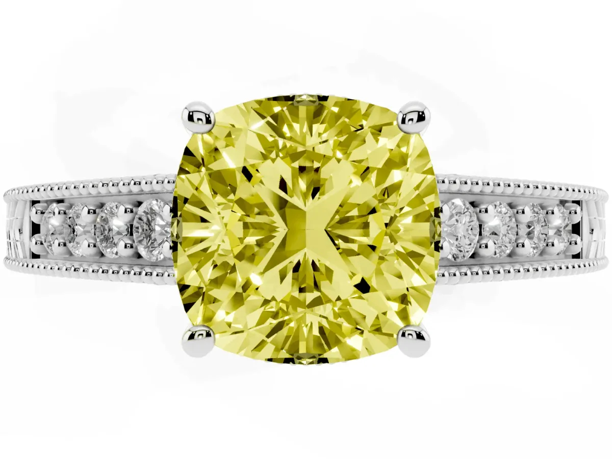 Fancy Yellow Cushion Cut Solitaire Pavé Diamond Milgrain Engagement Ring with Four-Prong Setting Silver