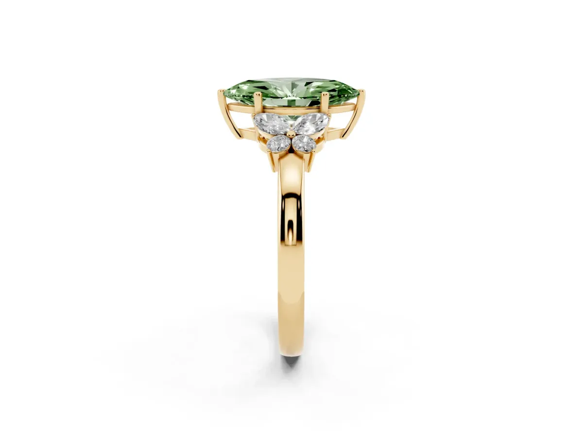 Fancy Green Marquise Cut Cut Solitaire Floral Diamond Ring with Four-Prong Setting Yellow gold