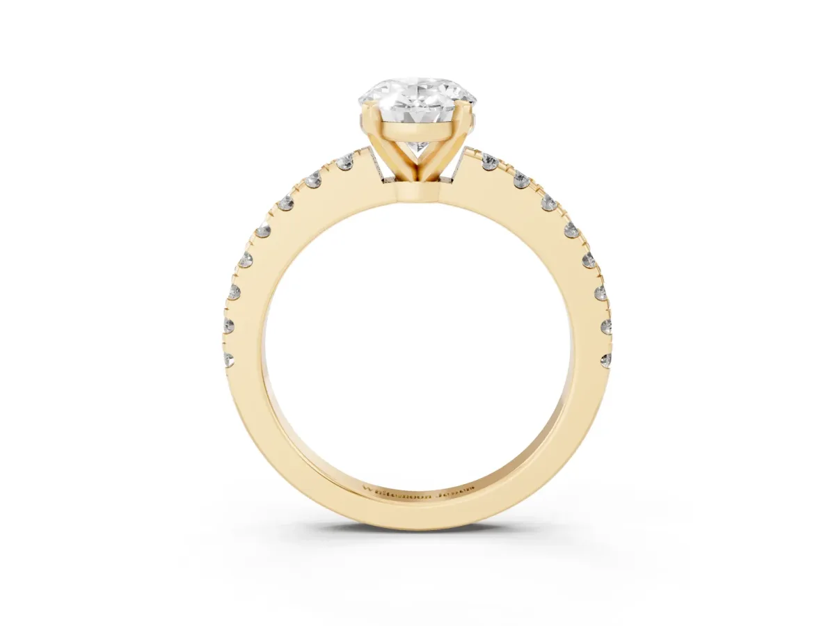 Oval Cut Solitaire Diamond with Pavé Band and Four-Prong Setting Yellow gold
