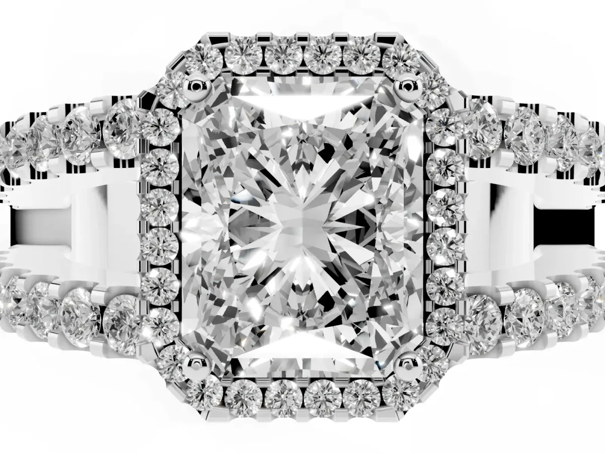 Radiant Cut Cut Halo Split Shank Diamond Ring with Four-Prong Setting White gold