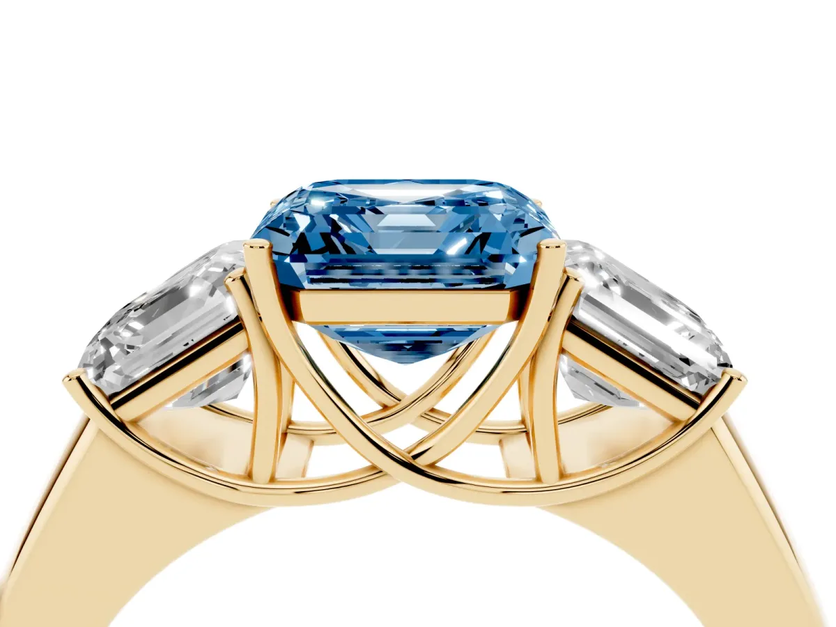 Fancy Blue Three-Stone Asscher Cut Cut Diamond Ring with Prong Setting and Classic Band Yellow gold