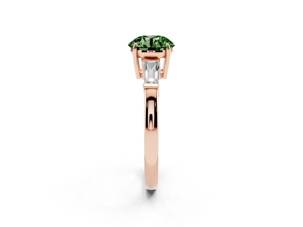 Fancy Green Round Cut Diamond Three-Stone Ring with Tapered Baguette Side Stones and Prong Setting Rose gold
