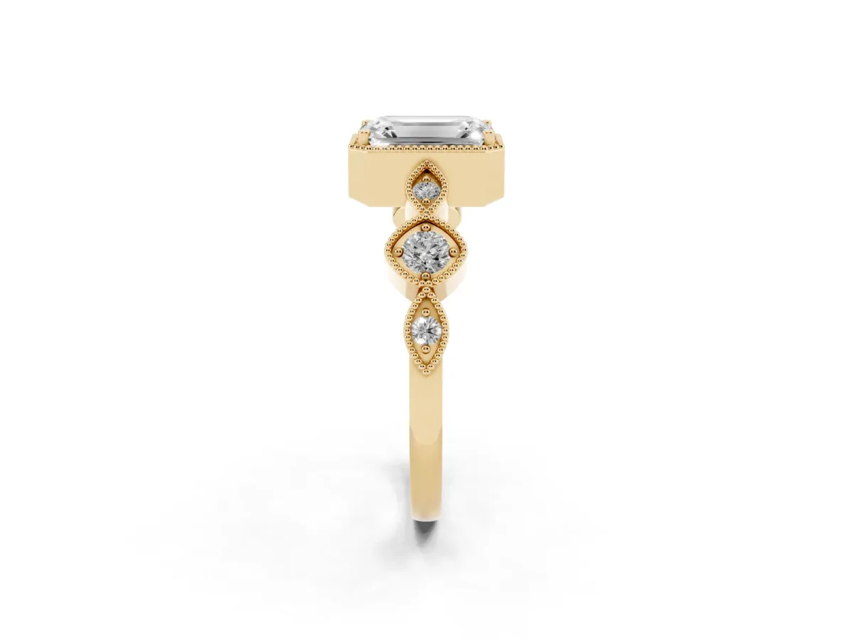 Emerald Cut Diamond Vintage Milgrain Ring with Round Stations Yellow gold