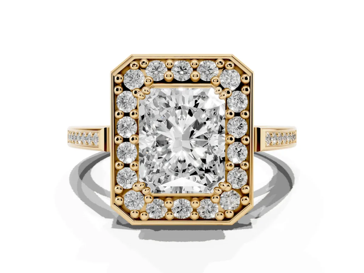 Radiant Cut Diamond Halo Ring with Split Shank and Four-Prong Setting Yellow gold