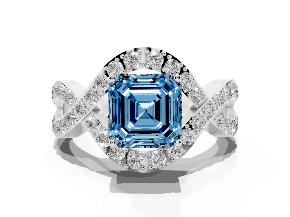 Fancy Blue Asscher Cut Solitaire Twist Band Pavé Diamond Engagement Ring Platinum