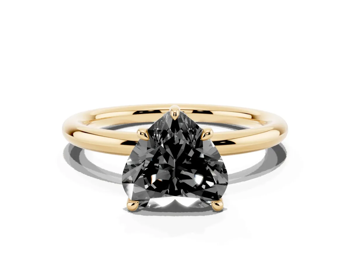 Fancy Black Heart Cut Diamond Solitaire Ring with Thin Band and Four-Prong Setting Yellow gold