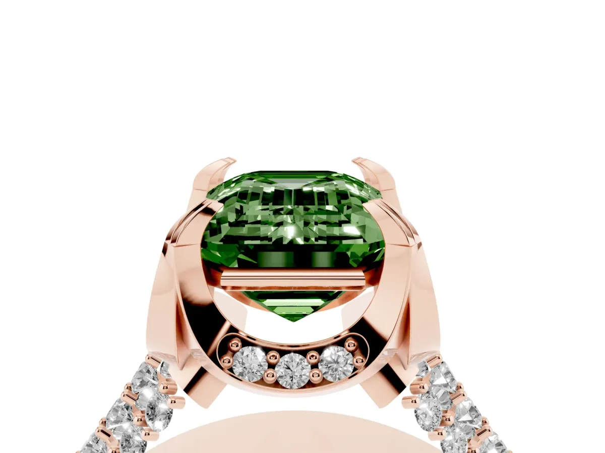 Fancy Green Emerald Cut Solitaire Pave Split Shank Ring with Four-Prong Setting Rose gold